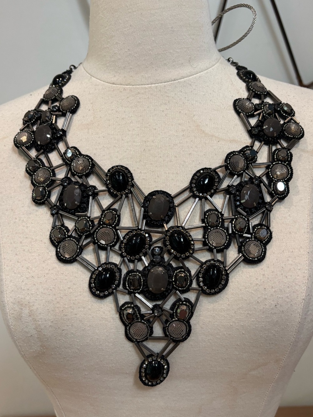 DEEPA GURNANI black and silver Crystal and beaded statement bib necklace $550
